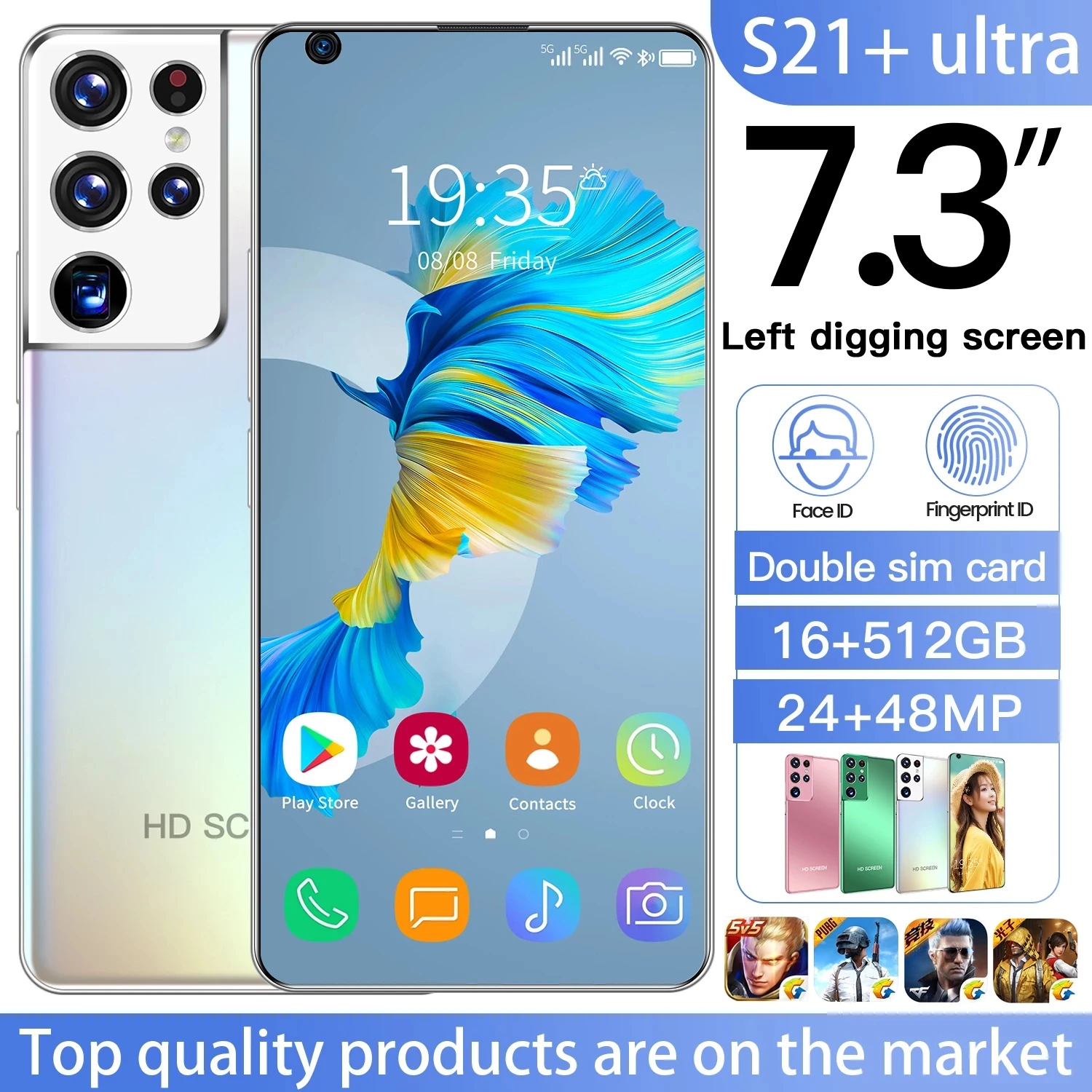 

Global Version S21+ Ultra 7.3 Inch Smart Phone Android 10.0 16GB RAM 512GB ROM Dual Sim Unlocked Mobile Phone MTK 6889 Deca Core, Gold,white,green