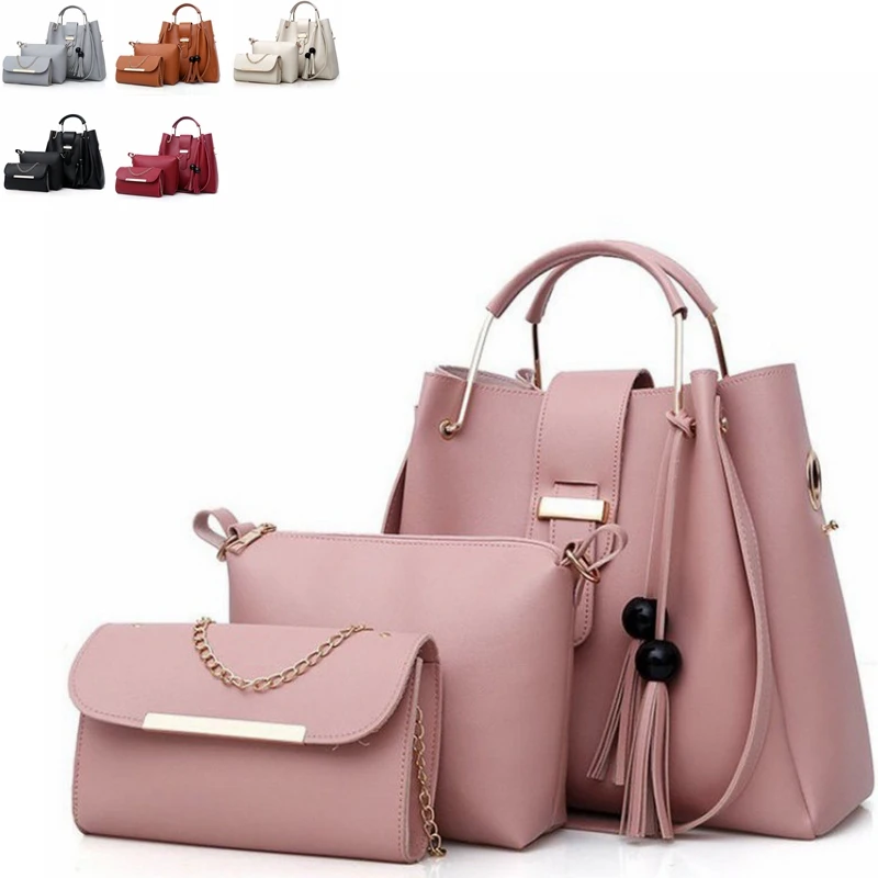 

2021 Hotsale 3 Pieces PU Leather Tote Bag For Women Luxury Tassel Hand Bag Set, White, burgundy, green, black, brown, gray, pink