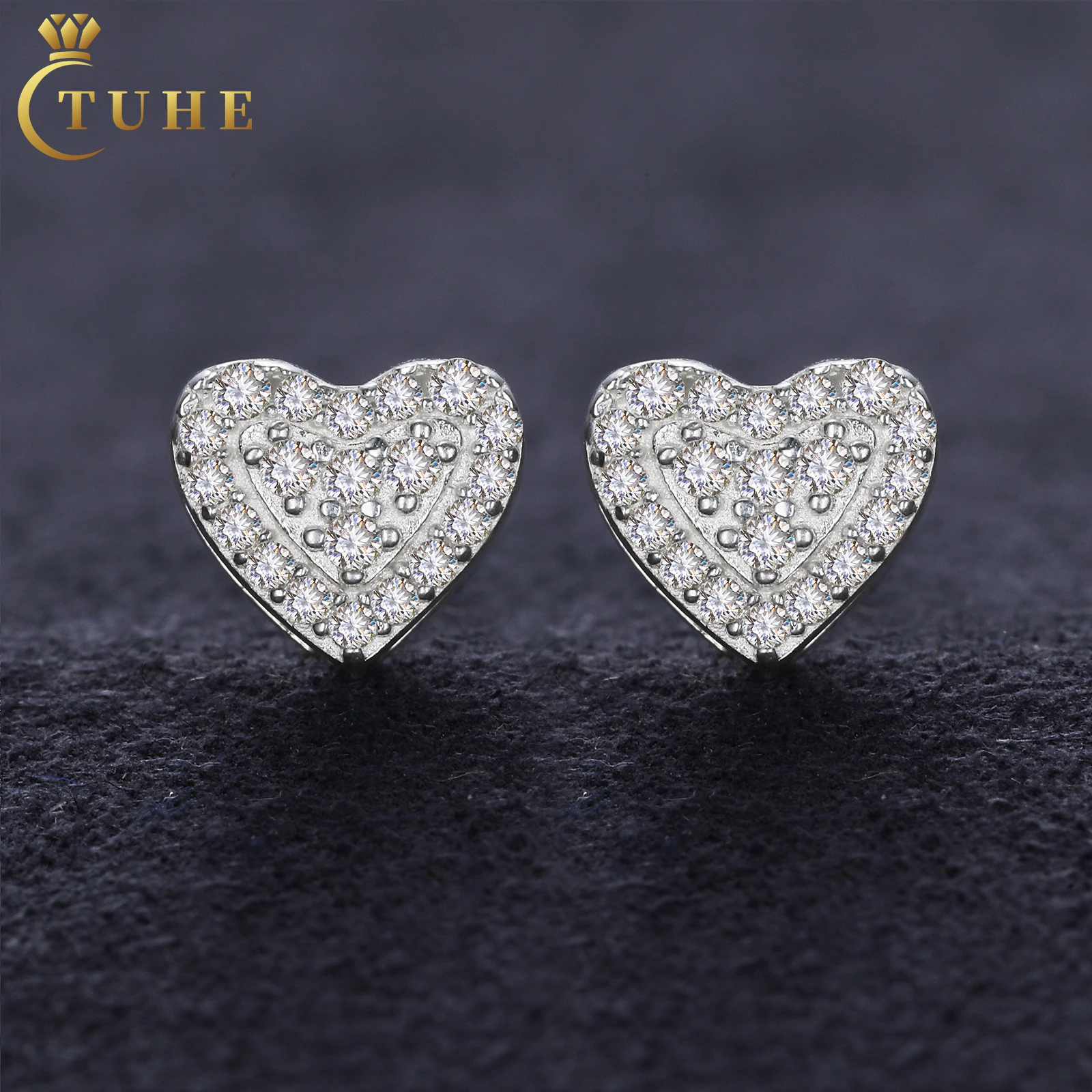 

Pass Diamond Tester Moissanite Heart Stud Earrings White Gold Plated 925 Sterling Silver VVS Diamond Ear Stud For Men