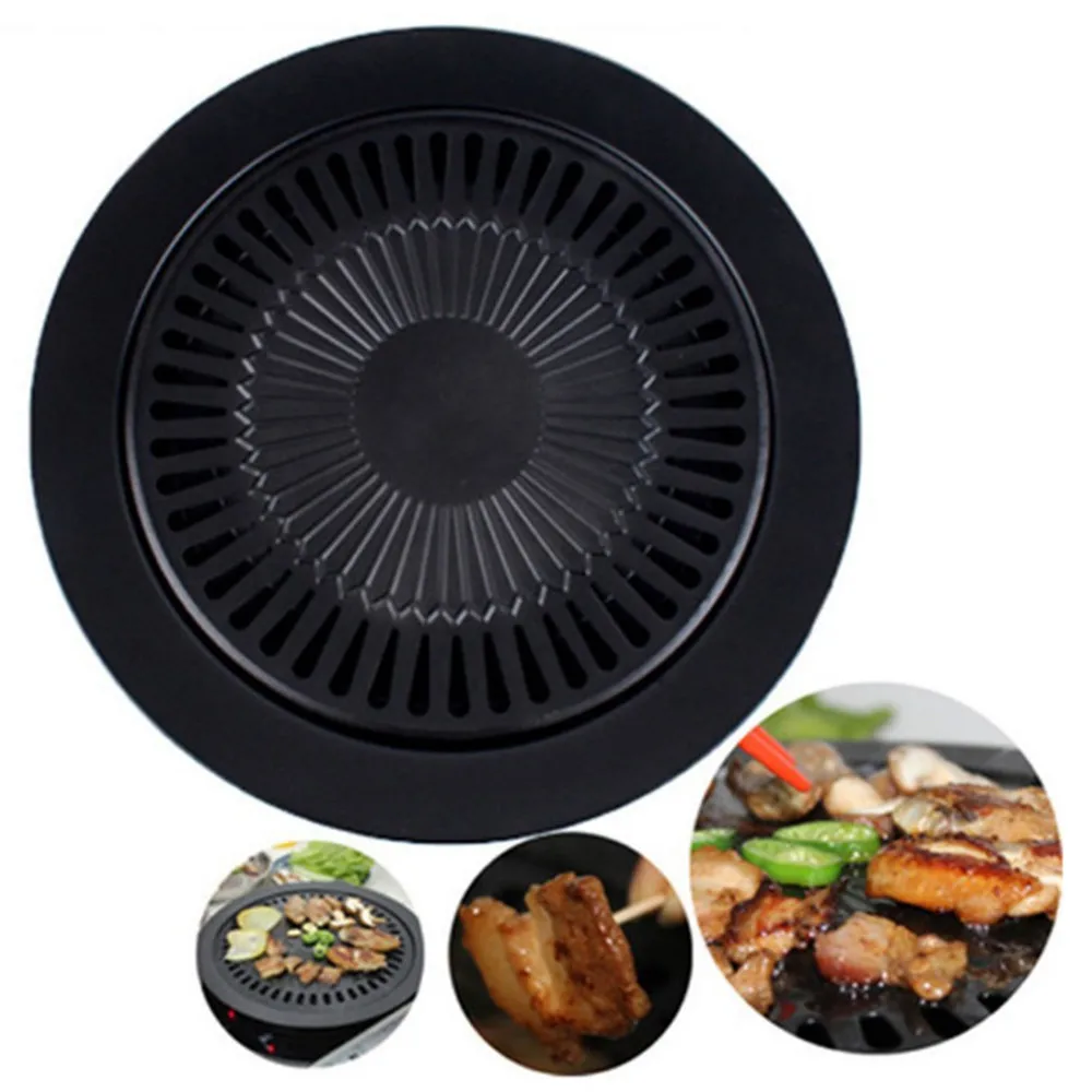 

1pc Barbecue plate Round Iron Korean BBQ Grill Plate No burnt fat Outdoor picnic Barbecue Non-stick Pan Set with Holder Set new