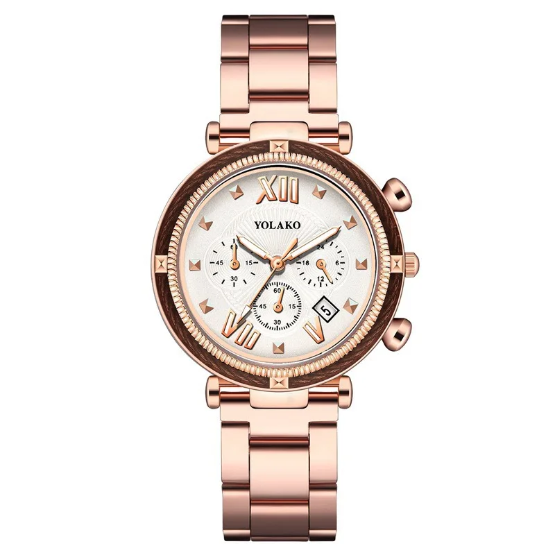 

2021 New Female Watch False Three Eyes Steel Belt Calendar Women Big Dial Simple Big Temperament Leisure Quartz Watch, 5 colors