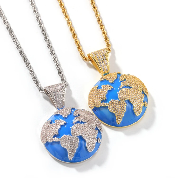 

New design 18k gold plated iced out jewelry pave cz 3D earth blue pendant Hiphop necklace for men, Gold /silver