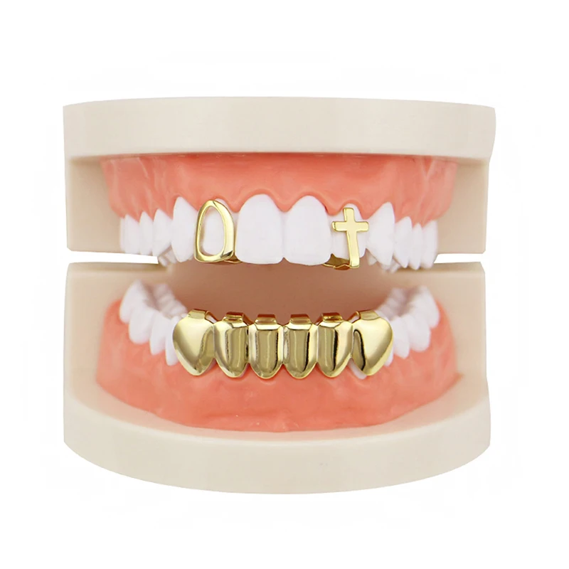 

WTS-Q30041 New Gold Color Plated Open Face Single Cross & Hollow Top Tooth Caps Glossy Polish Hip Hop Teeth Grillz Bottom Grills