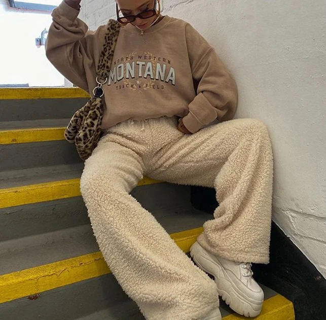 

Wholesale new arrivals 2020 popular vintage womens sweat pants warm straight bandage pant causal womens oversized sweat pants, Apricot