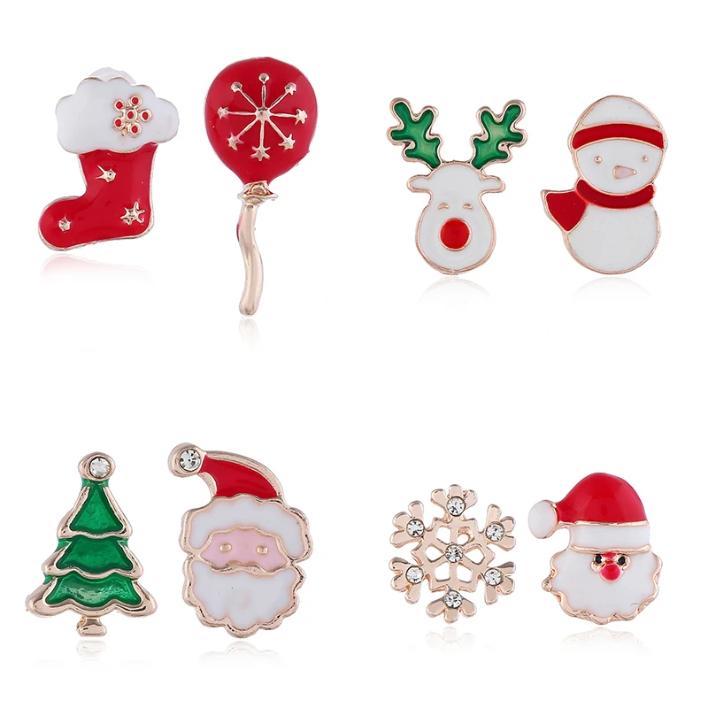 

Newest Alloy Asymmetric Santa Deer Christmas Tree Stud Earrings Snowflakes Christmas Earrings Jewelry, As picture