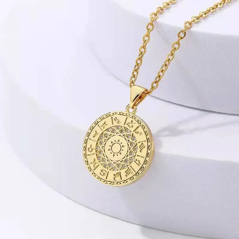 

Jewelry charm chain 18k stainless steel rhinestone coin zodiac pendant necklace, Gold