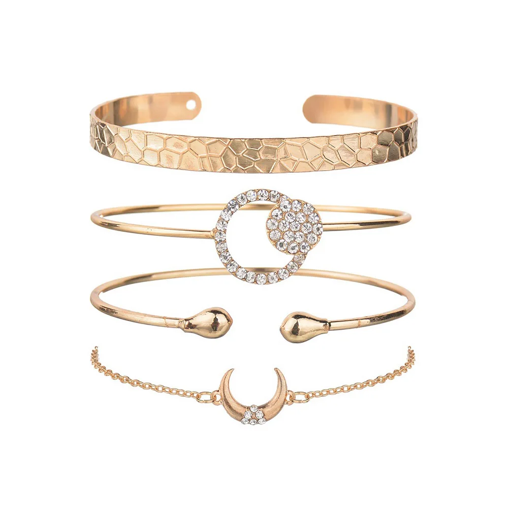 

4pcs/set Gold Plated Fashion Rhinestone Circle Open Cuff Bangle Moon Bracelet Bangle for Women