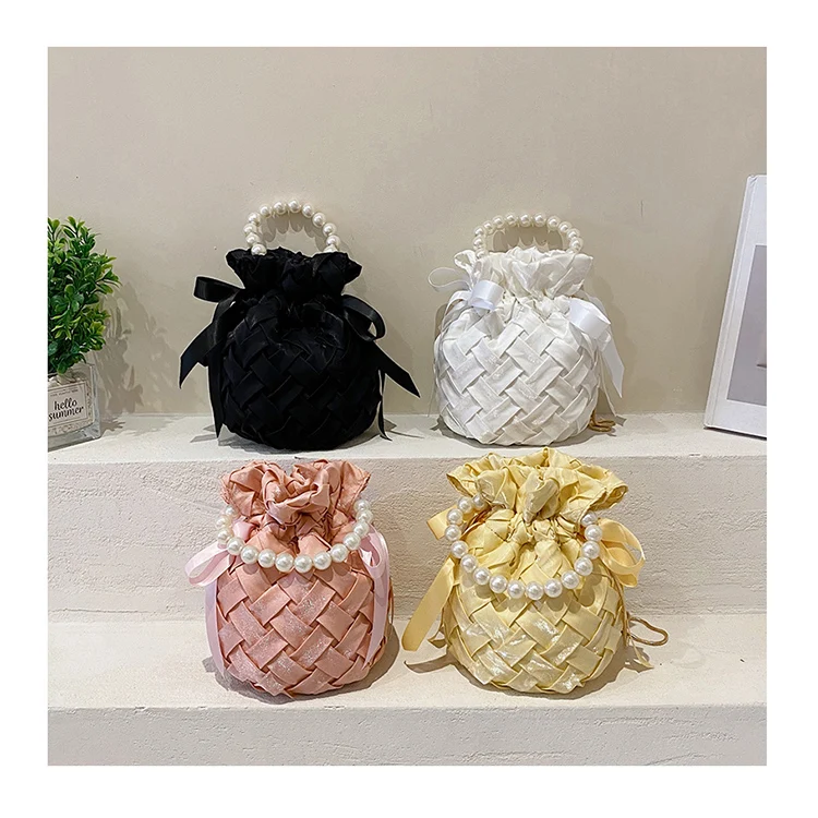 

Pearl Handle Small Bucket Bags Designer Cross Woven Fabric Women's Crossbody Bag Ribbon Drawstring Cute Ladies Tote Pouch Bolsas
