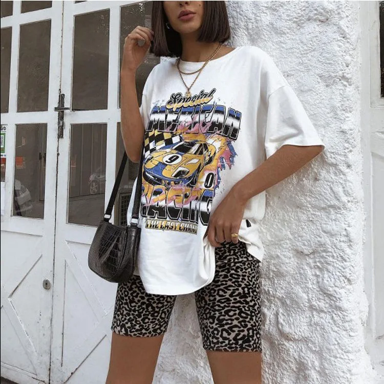 

2021 Women Casual Round Neck Short Sleeve Printing Long For Loose Oversized T Shirt Women, Picture shows