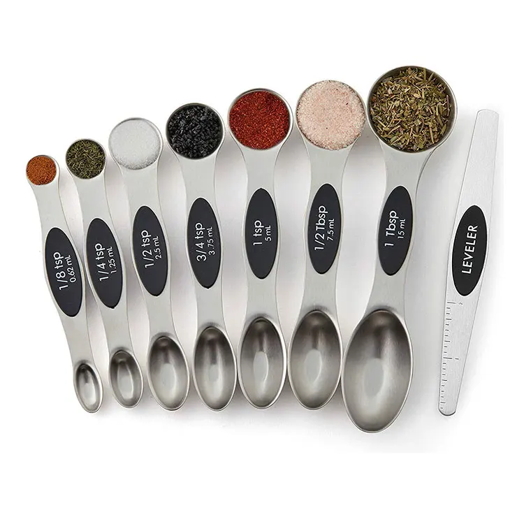 

Amazon Best Selling Wholesale High Quality 8 pcs Double Ended Stainless Steel Magnetic Measuring Spoons Set For Dry Liguid Items, Colorful , black