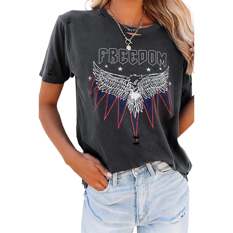 

New Femme Fashionable Tops FREEDOM EAGLE Distressed Tee Oversized Tshirt Women