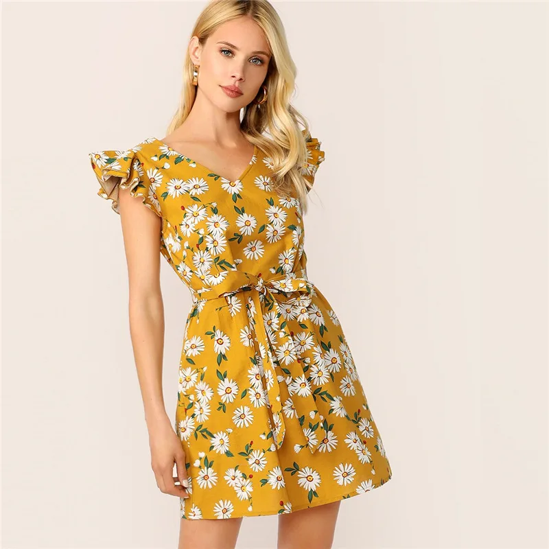 

Ruffle yellow lace up daisy print V-neck summer dress for women knee length clothing shein clothes, Shown