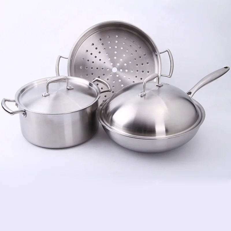 

2020 Hot Sale Stainless Steel 3Pcs Cooking Cookware pot and wok set With steamer