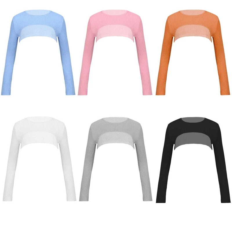 

Hot Sale Women Solid Ribbed Sweater Crop Top O Neck Long Sleeve Cropped Pullover Shrug Tops