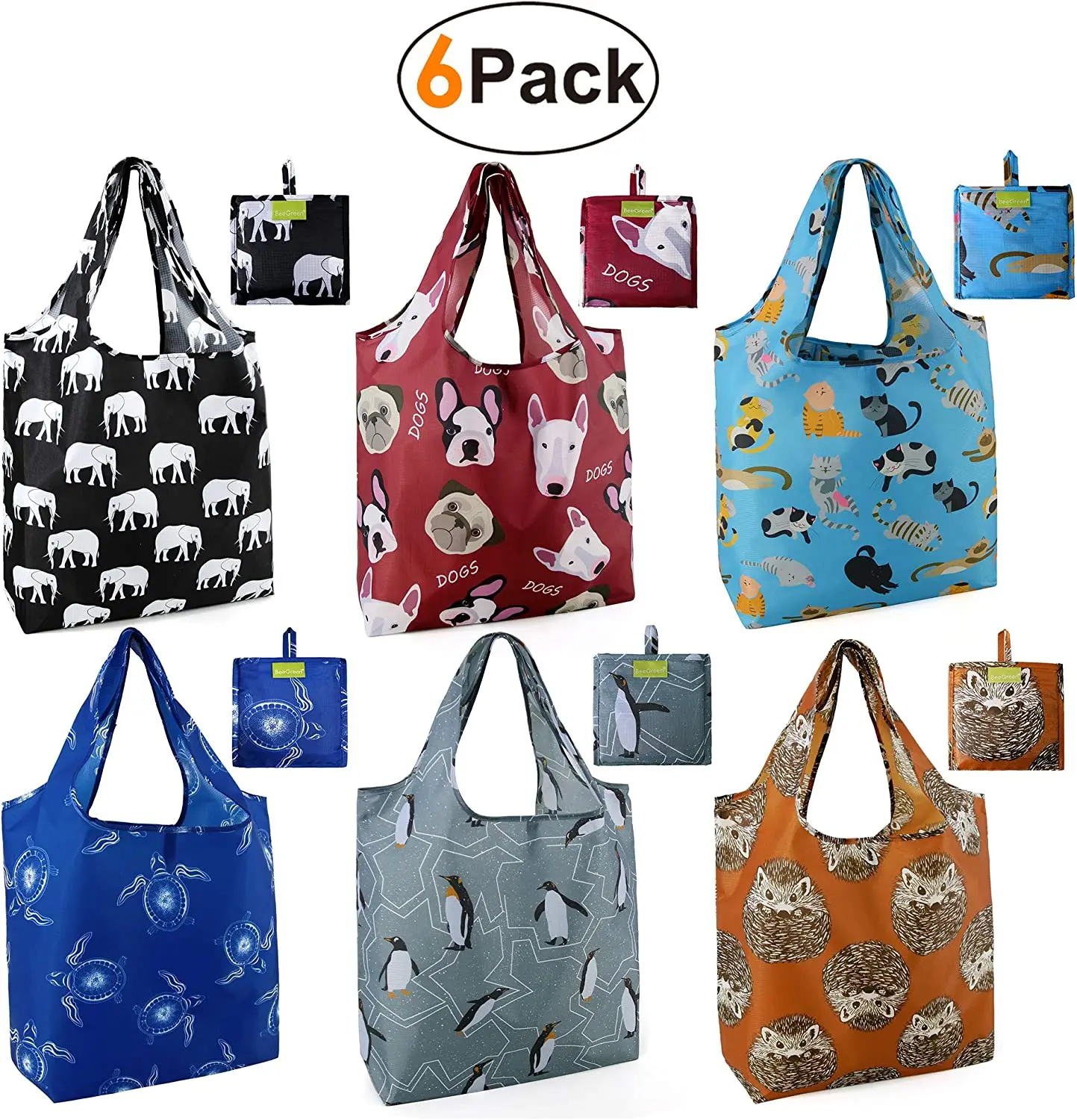 

Reusable Foldable 6 Pack Shopping Bags Large with Pouch Bulk Ripstop Waterproof shopping bag, 6colours