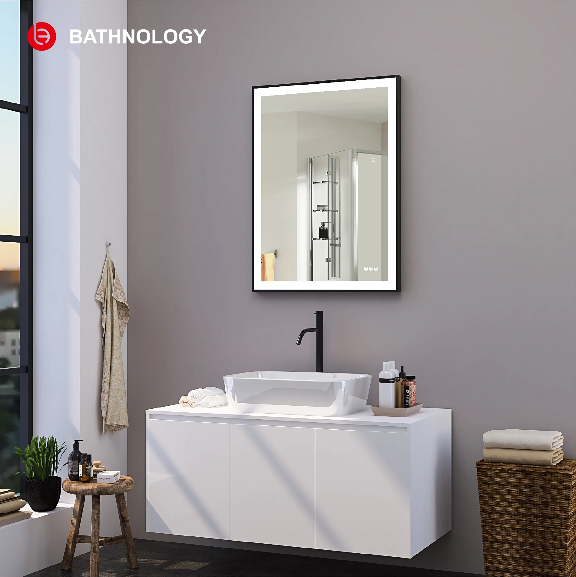 2020 Modern Style MFA8600 Rectangular Time Display Mirror Bathroom Customized Led Backlit Defogger Smart Mirror Illuminated