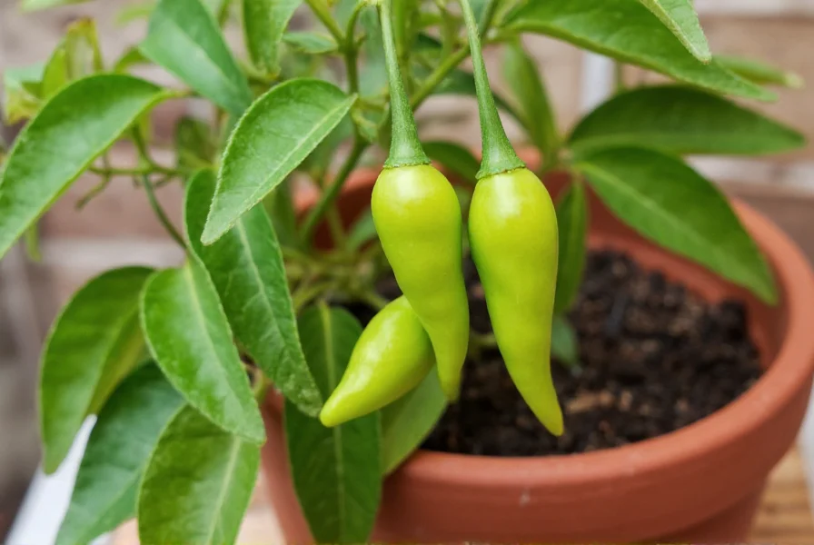 Bird's eye chili plant growing in a terracotta pot with close-up detail of flowers and developing chilies