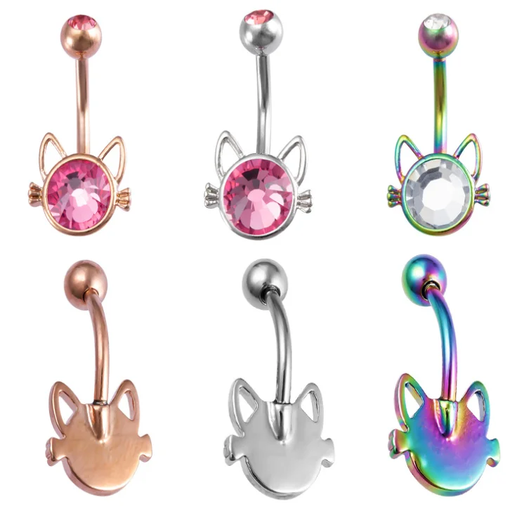 

Summer Travel Woman Diamond Plated 316 L Navel Piercing Jewelry Pink Colorful Crystal Cute Cat Belly Button Ring