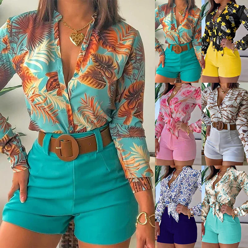 

2021 spring new light mature long-sleeved printing stand-up collar temperament shirt women clothing blouse Shorts suits