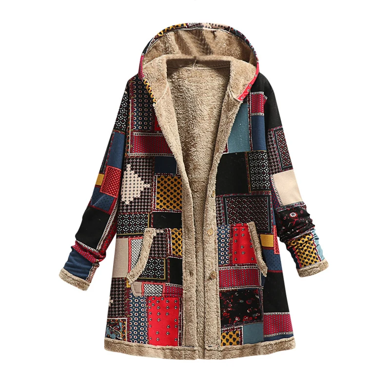 

Autumn Winter Amazon Hotsale Loose Faux Fur Coat Women Plaid Linen Printed Hooded Sweater Ladies Vintage Warm Plush Coats Jacket, 4 colors