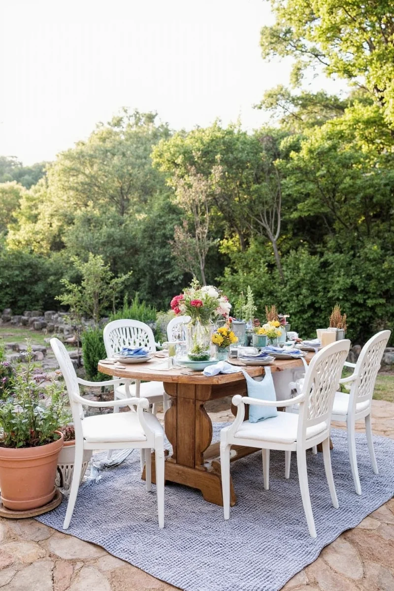 Wooden bench with open lid showing toy storage inside, placed beside patio seating area.