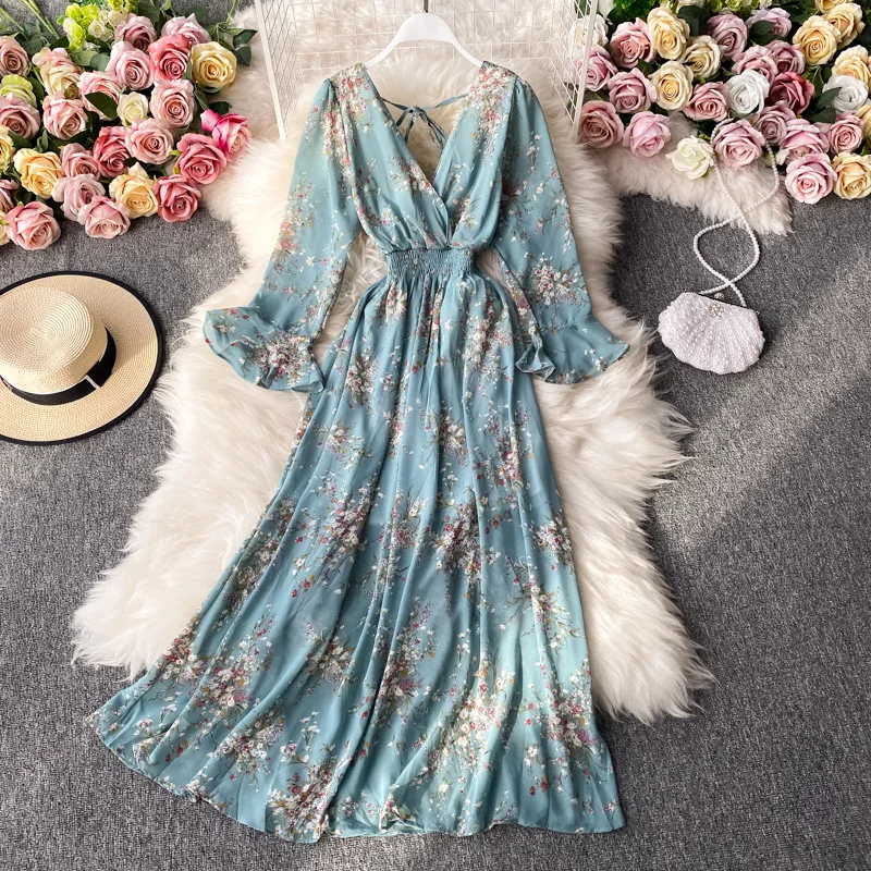 

Fall 2023 Women Clothes Dresses Lady Elegant Casual Long V-Neck Flared-Sleeve High-Waist Floral Dress Long Sleeve Dresses