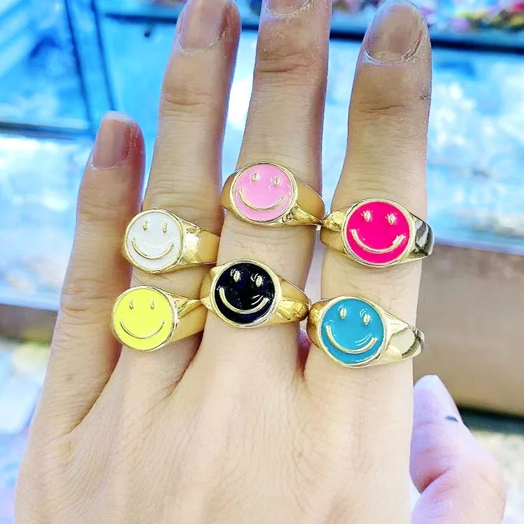 

RA1009 Hot Selling Enamel 18k Gold Plated Smiley Happy Face Signet Adjustable Rings for Ladies