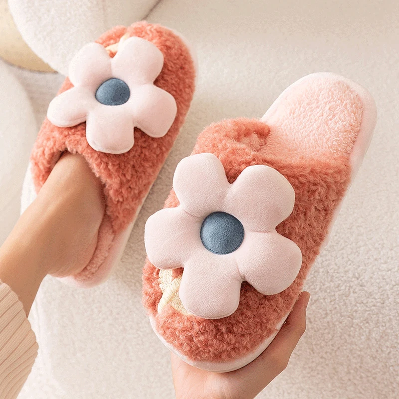

MMX296 Ladies Fashion Furry Flower Slippers Indoor Fluffy Slippers For Women, White pink grey green blue