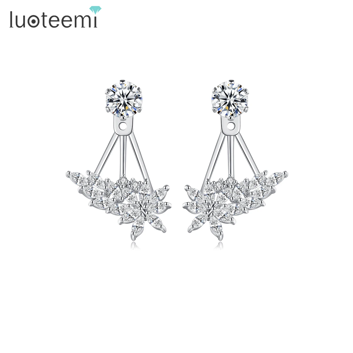 

LUOTEEMI Cubic Zirconia Elegant Statement 2021 Flower Petal Korean Double Stud Piercing Designer Earring