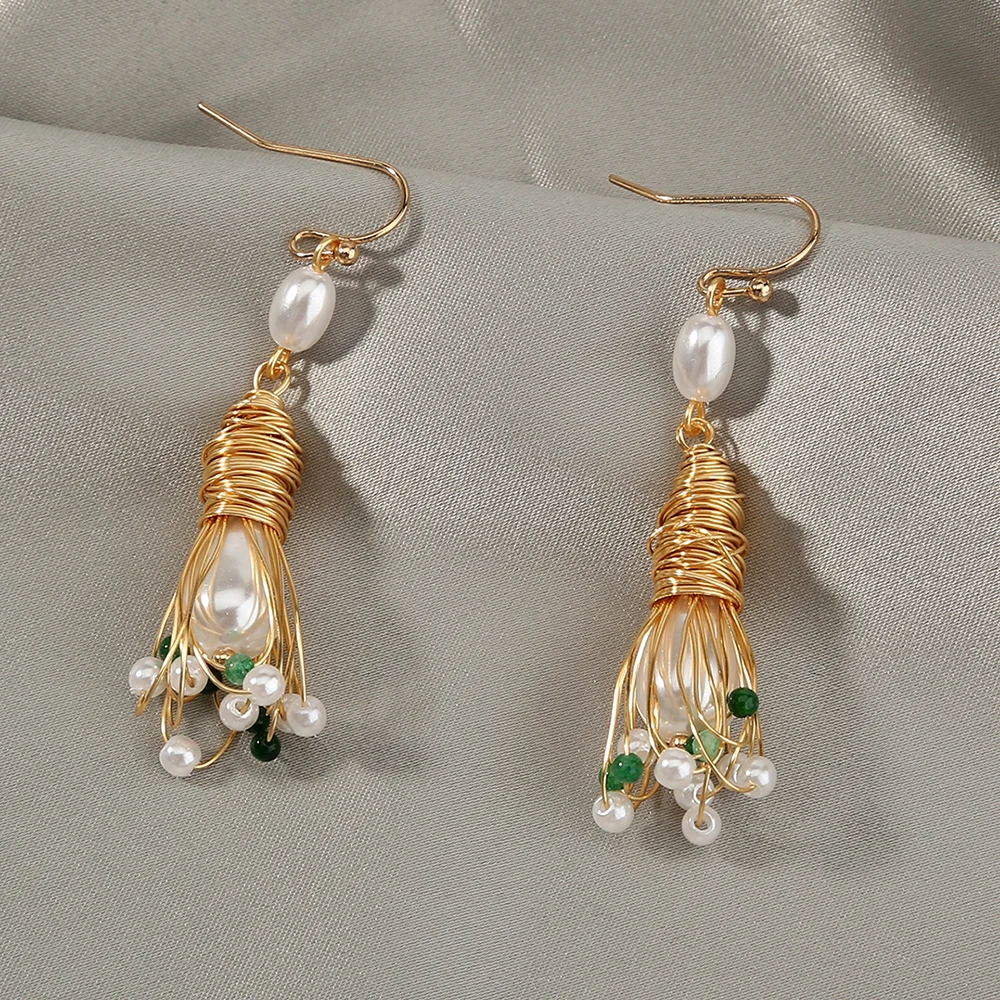 

Oval Pearl Handmade Wired Winding Flower Green Natural Stone Woman Jewelry Real Gold Earrings