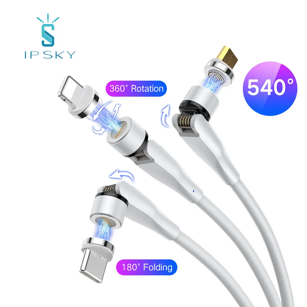 

IPSKY 3 in 1 cable 540 Rotation Multi Function data transfer 7 Pin USB Type C magnetic charge cable 540, White/black