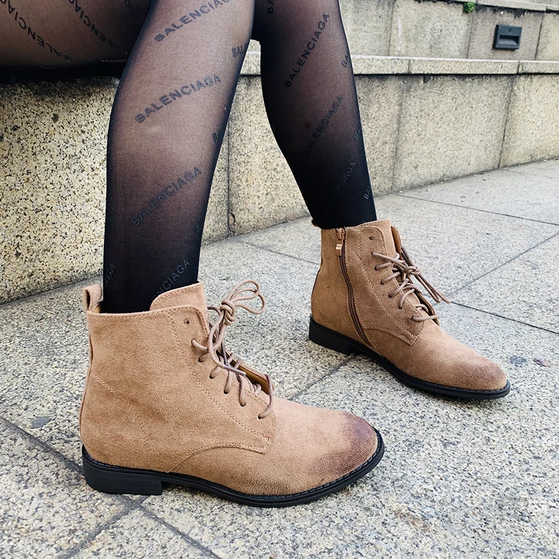 

Factory sale flat shoes lace up solid color high quality women boots