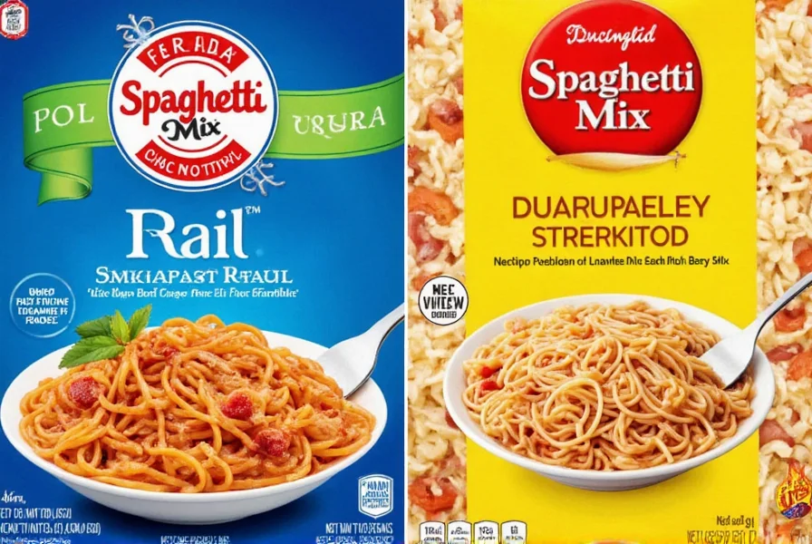 Five different spaghetti mixes lined up on a countertop