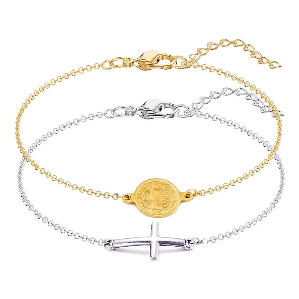 

Stainless Steel Saint Benedict Medal Cross Charm Gold/Silver Color Religious Bracelet Catholic Medals Bracelet Pulsera Catolica