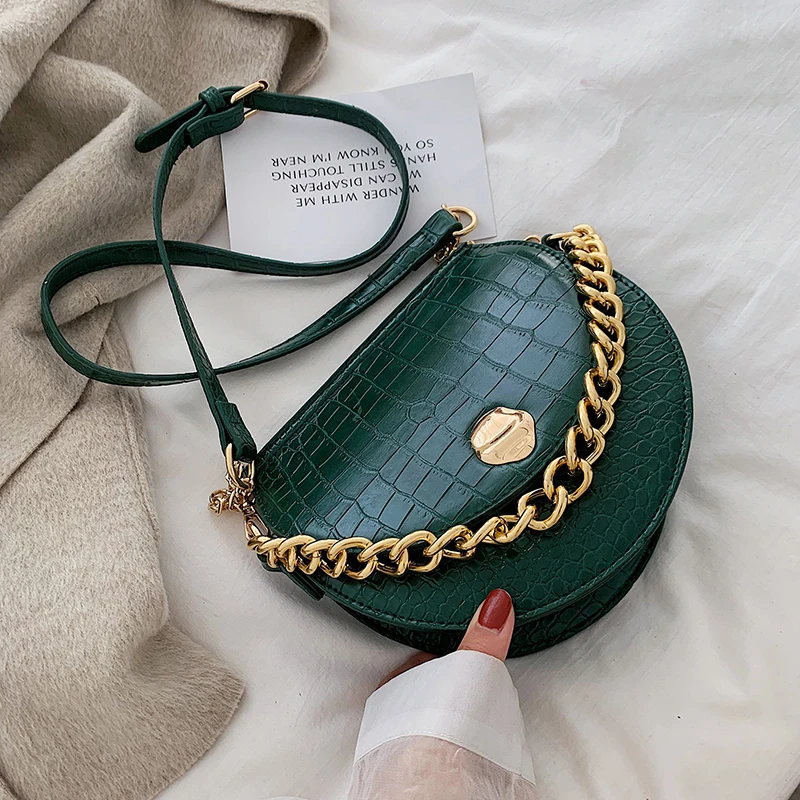 

Chain Tote Shoulder Messenger Bag New Quality PU Leather Women's Designer Handbag Crocodile Pattern Saddle Bag, As photo