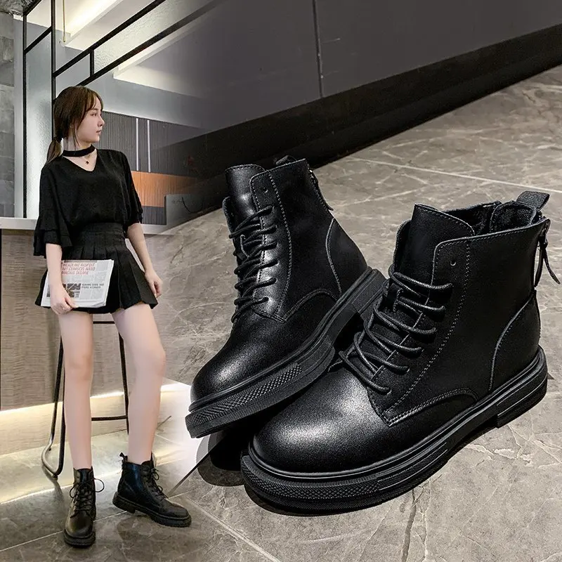 

Winter new fashion combat boots women's warm ankle boots leather boots, Black