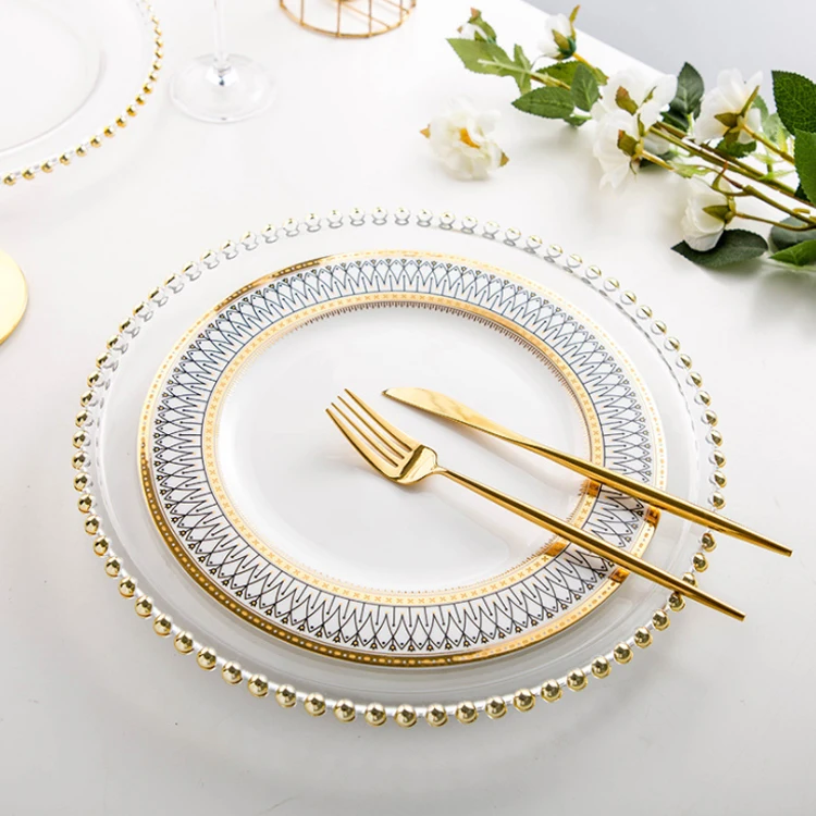 

European Stylish Design Luxury Gold Rim Bone China Dishes Charger Ceramic Porcelain Hotel Restaurant Plates for Wedding, White with gold rim