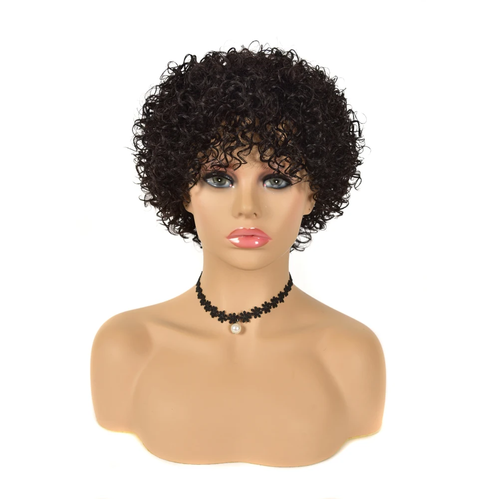 

Cheap Machine Made Wig 100% Brazilian Human Hair Pixie Cut Wigs Short Kinky Curly Non Lace Wigs with Bangs for Women