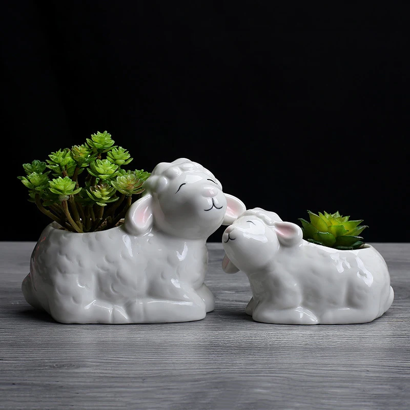 

Cute sheep shape ceramic succulent plant pots sets ceramic flower pots for table, White