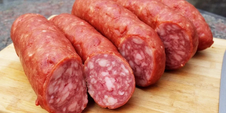 Assorted international sausages laid out on a wooden board