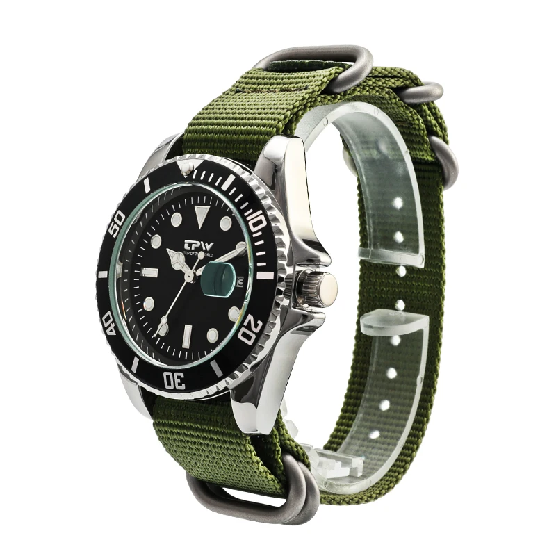 

Wholesale in stock cool black bezel high quality Japan movt 2115 with auto date nylon sport watches mens