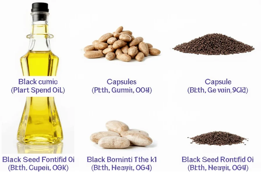 Comparison of different black cumin seed supplement forms including oil, capsules, and whole seeds