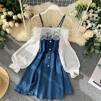 

Autumn Mesh Puff Sleeves Denim Falbala Lolita Dress France Vintage Charm Dresses