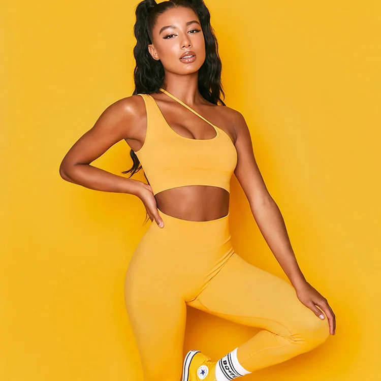 

2020 one-shoulder short vest fitness leggings two-piece yoga suit