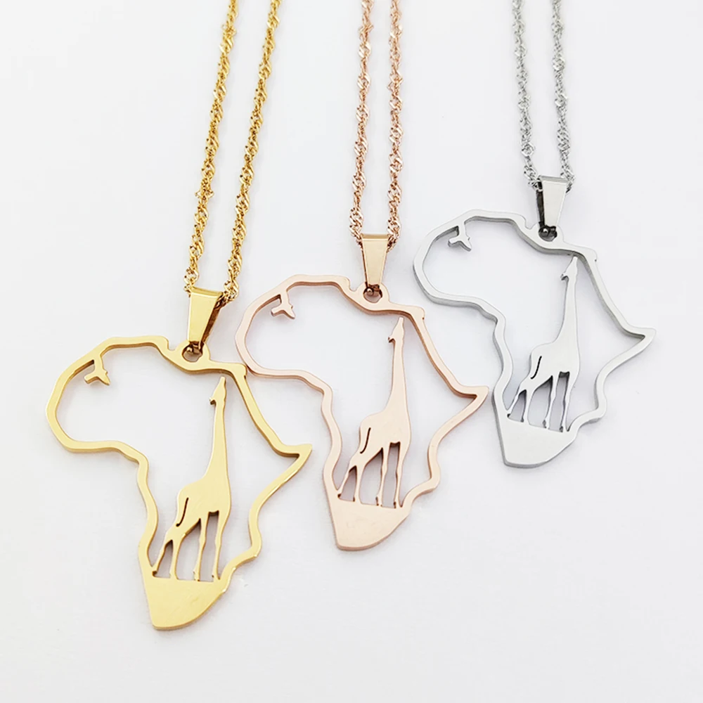 

Manufacturer Price Giraffe Africa Map Necklace With Animal Pendants Gold Plated 18k PVD