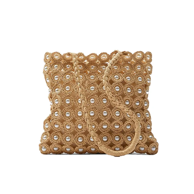 

New summer women's bag with pearl inlay woven bag, one - shoulder portable shopping bag, straw woven bag