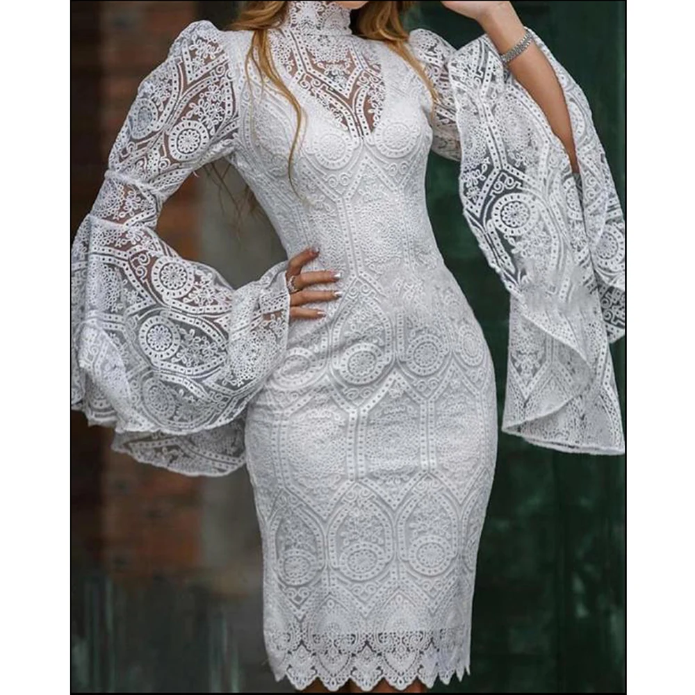 

New fashion women clothing white lace evening party dress fitted elegant dresses