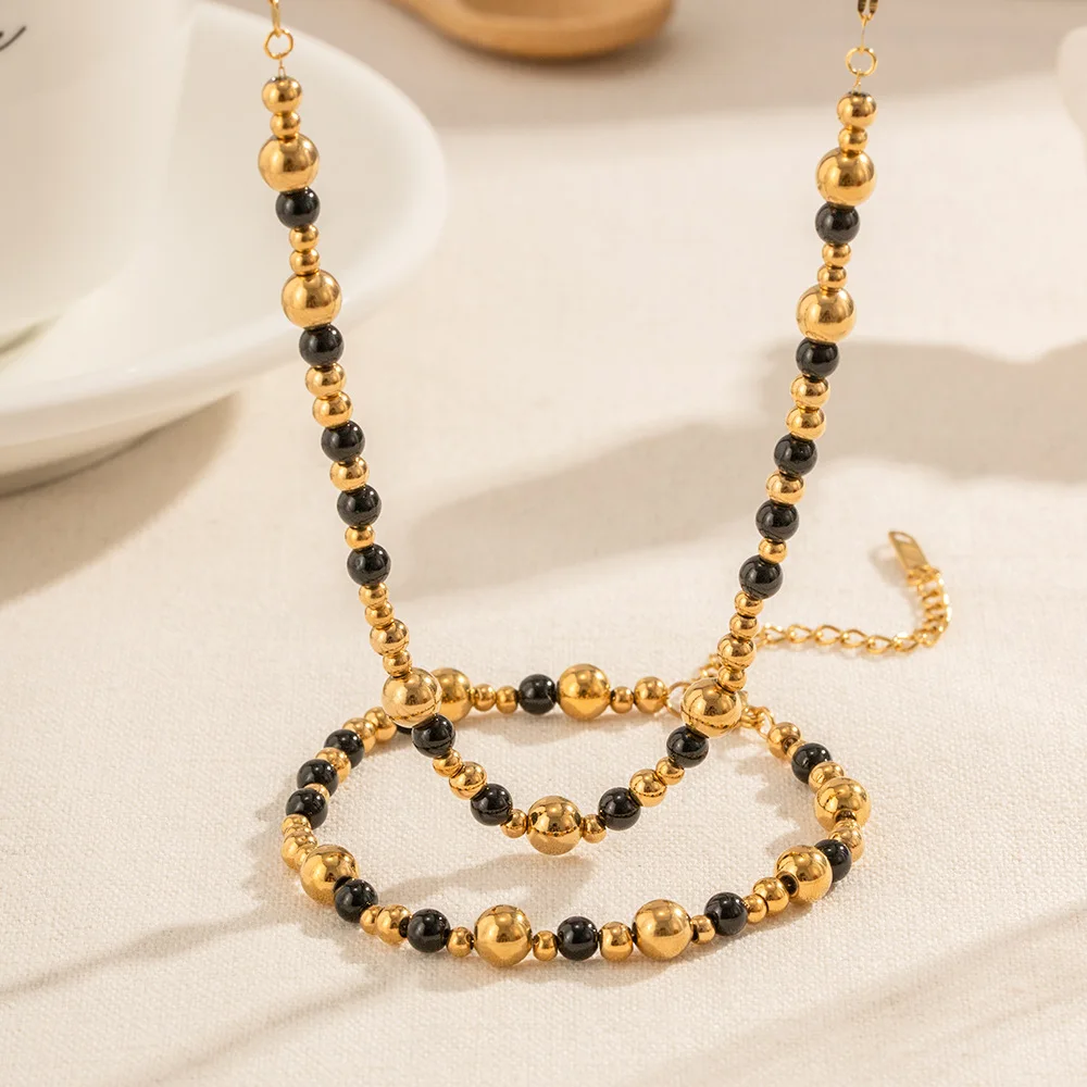 

Vintage Women Fashion Stainless Steel Black Onyx Agate Stone 18K Gold Bracelet Beads Jewelry Set Necklace