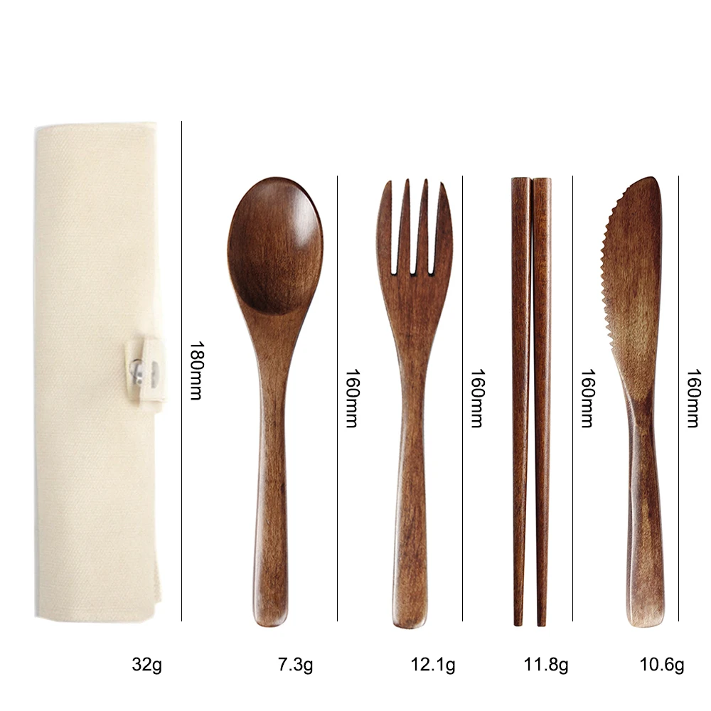 

Large inventory biodegradable sets travel camping chopsticks spoon fork knife Children's tableware wooden cutlery set, Nature