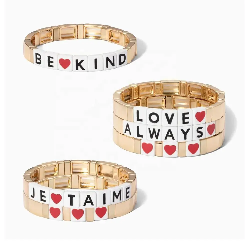 

Custom Gold Beads Stretch Painted Tile Bracelet Bohemian Enamel Zinc Alloy Letter Bangle Bracelet Jewelry for Lover, Rainbow color